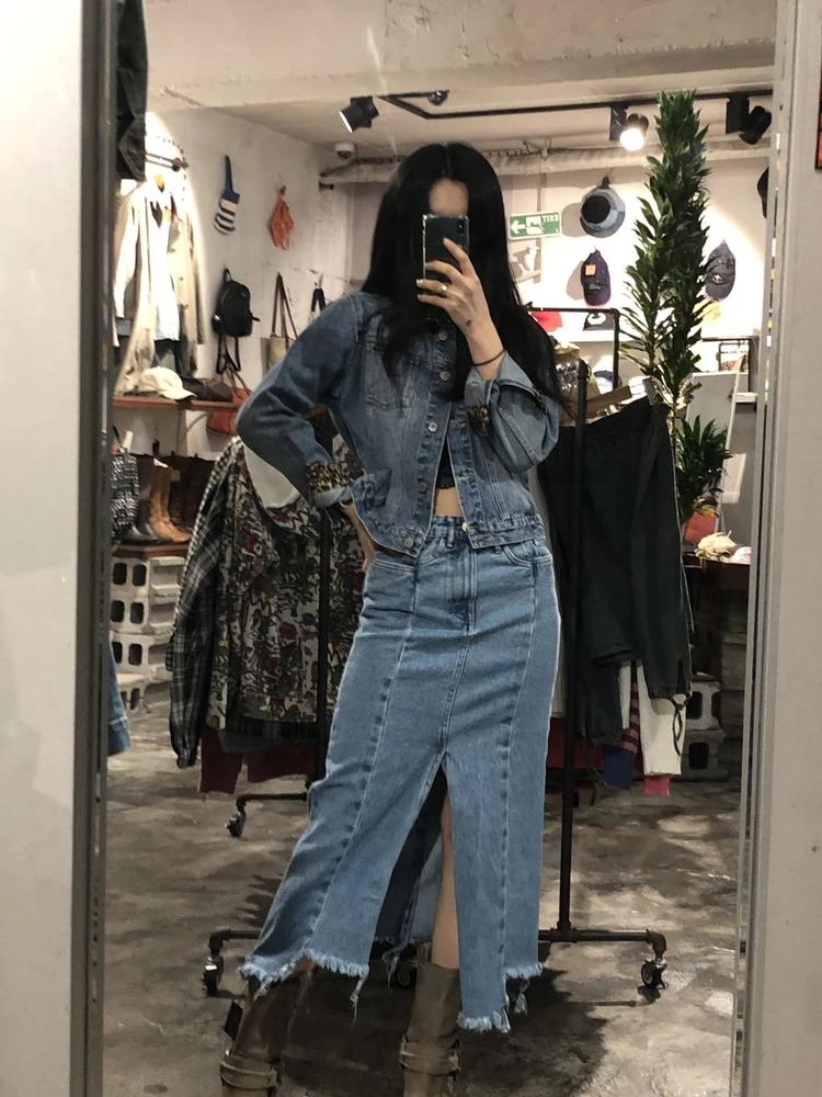 Denim slit long skirt +to 4