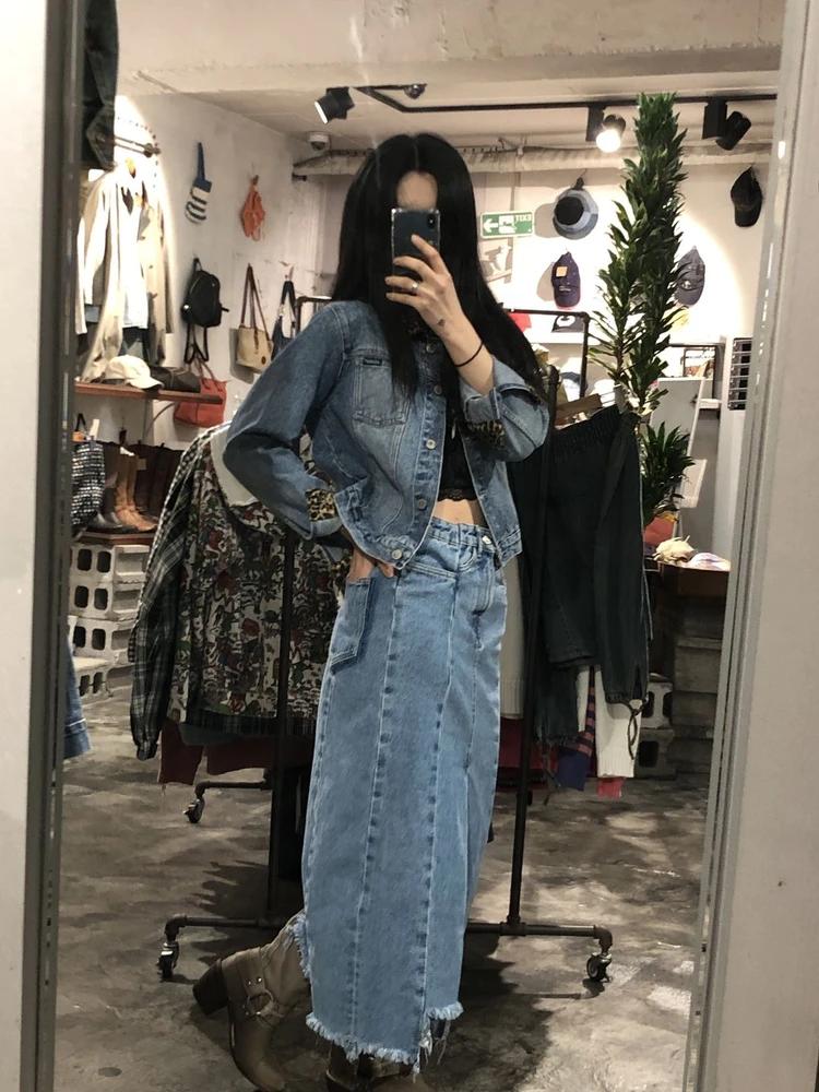 Denim slit long skirt +to 3