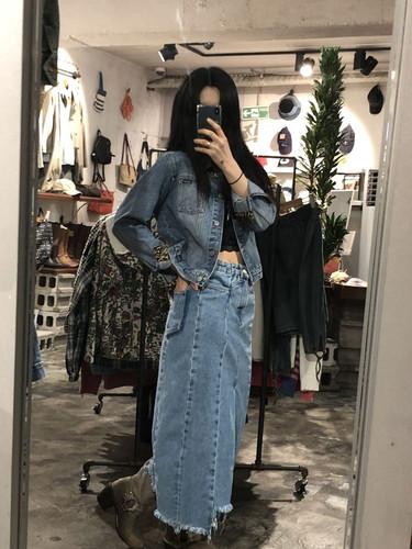 Denim slit long skirt +to 11