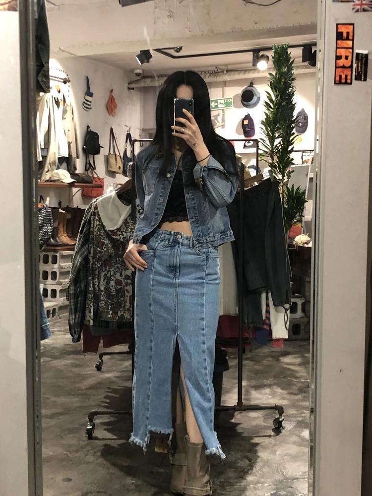 Denim slit long skirt +to 5
