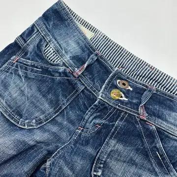 일본빈티지 Y2K 로우라이즈 유니크 5부 롤업 워싱 중청 데님 청바지 6
