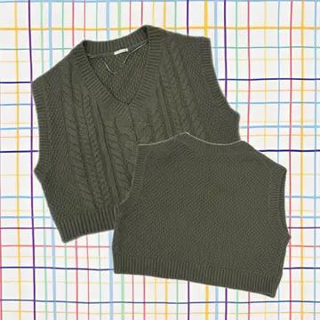 일본빈티지 가을 카키 그런지 꽈배기 오버핏 조끼니트 2