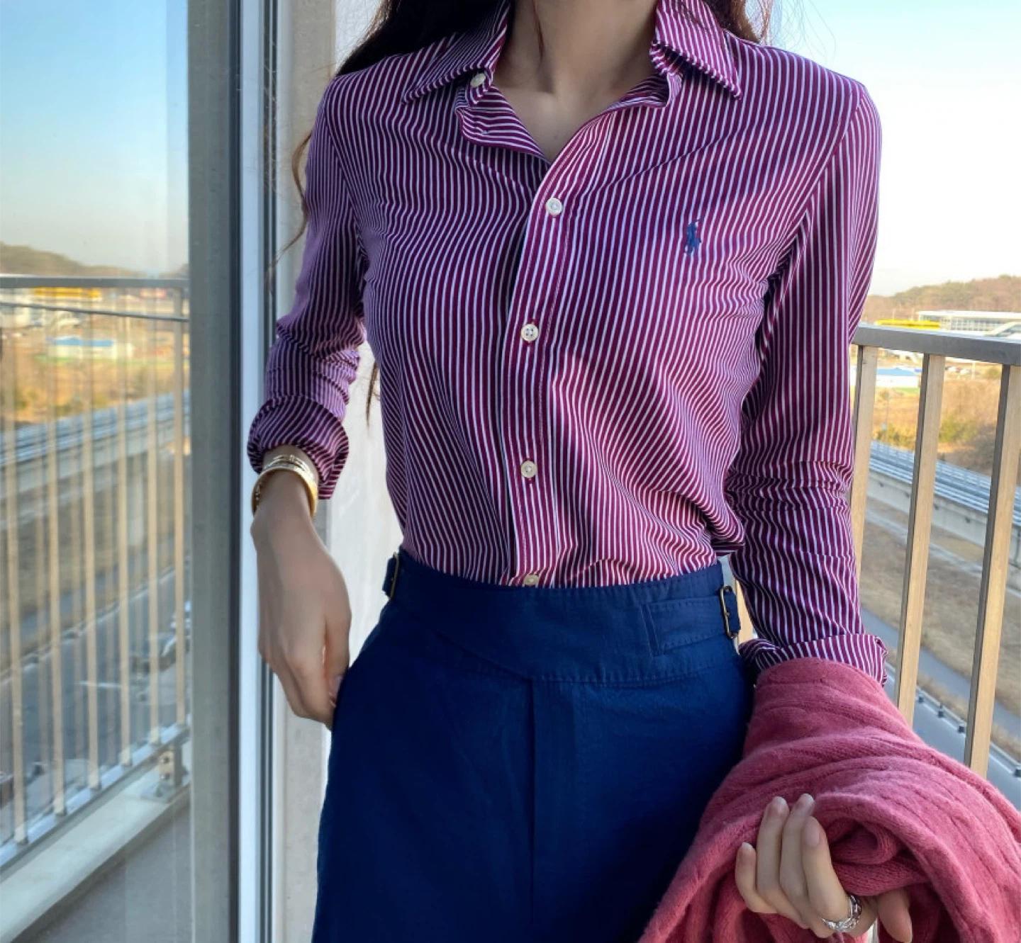 폴로 랄프로렌 스트라이프 셔츠 찐핑크 다크퍼플 자주 xs 6