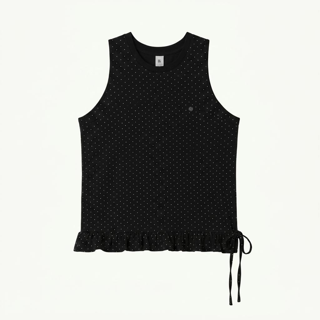 FRILL SHIRRING SLEEVELESS BLACK DOT 1