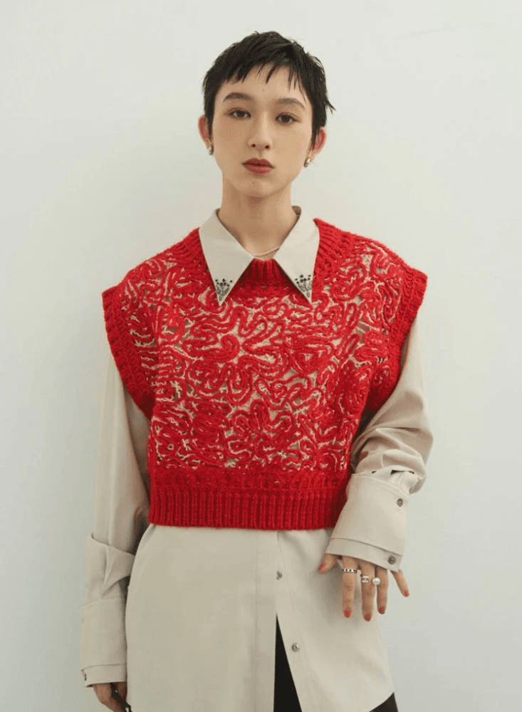 [크누스마프] KNUTH MARF 엠브로이더리 니트 베스트 레드 5