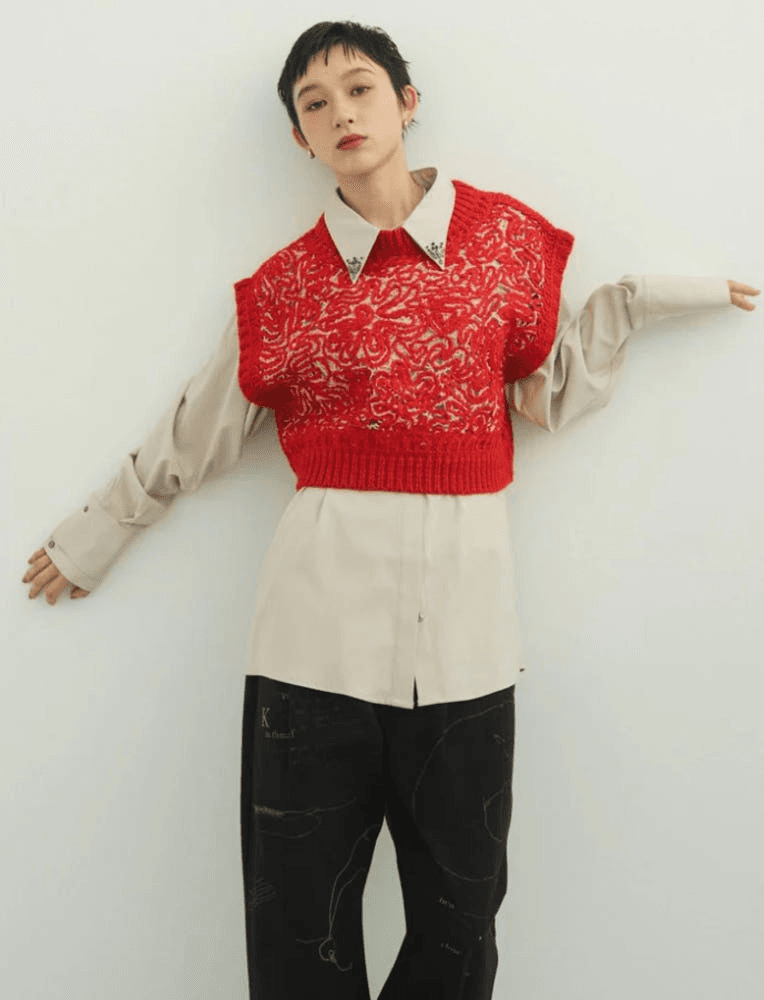 [크누스마프] KNUTH MARF 엠브로이더리 니트 베스트 레드 6