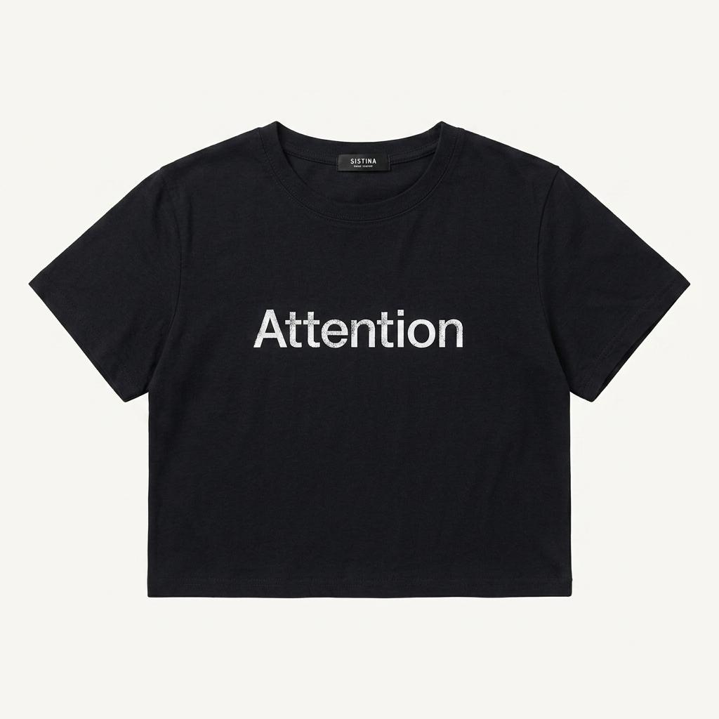시스티나 Attention 레터링 반팔 티셔츠 네이비
