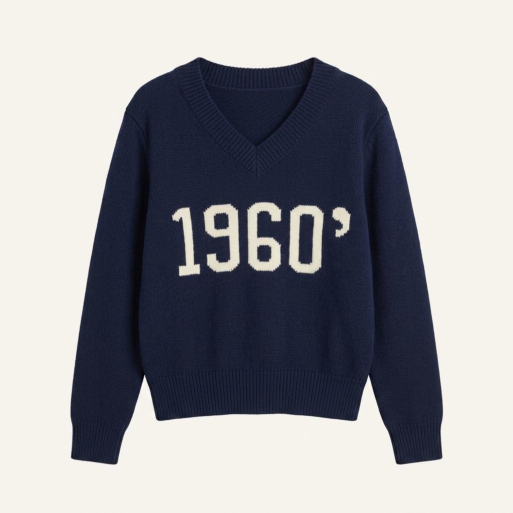 빈티지 1960 레터링 브이넥 니트 네이비