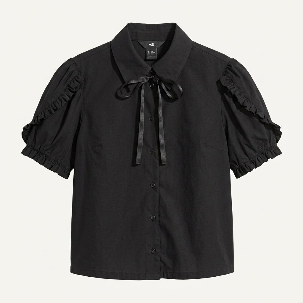 H&M 퍼프 소매 리본 블라우스 블랙 1