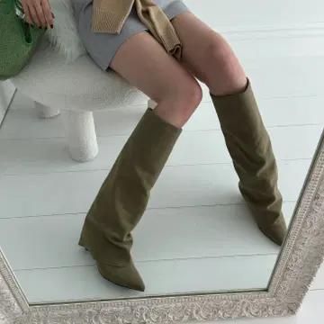 #1028 누벅텍스쳐 폴드오버 8cm 롱부츠 245 베이지 새상품 7