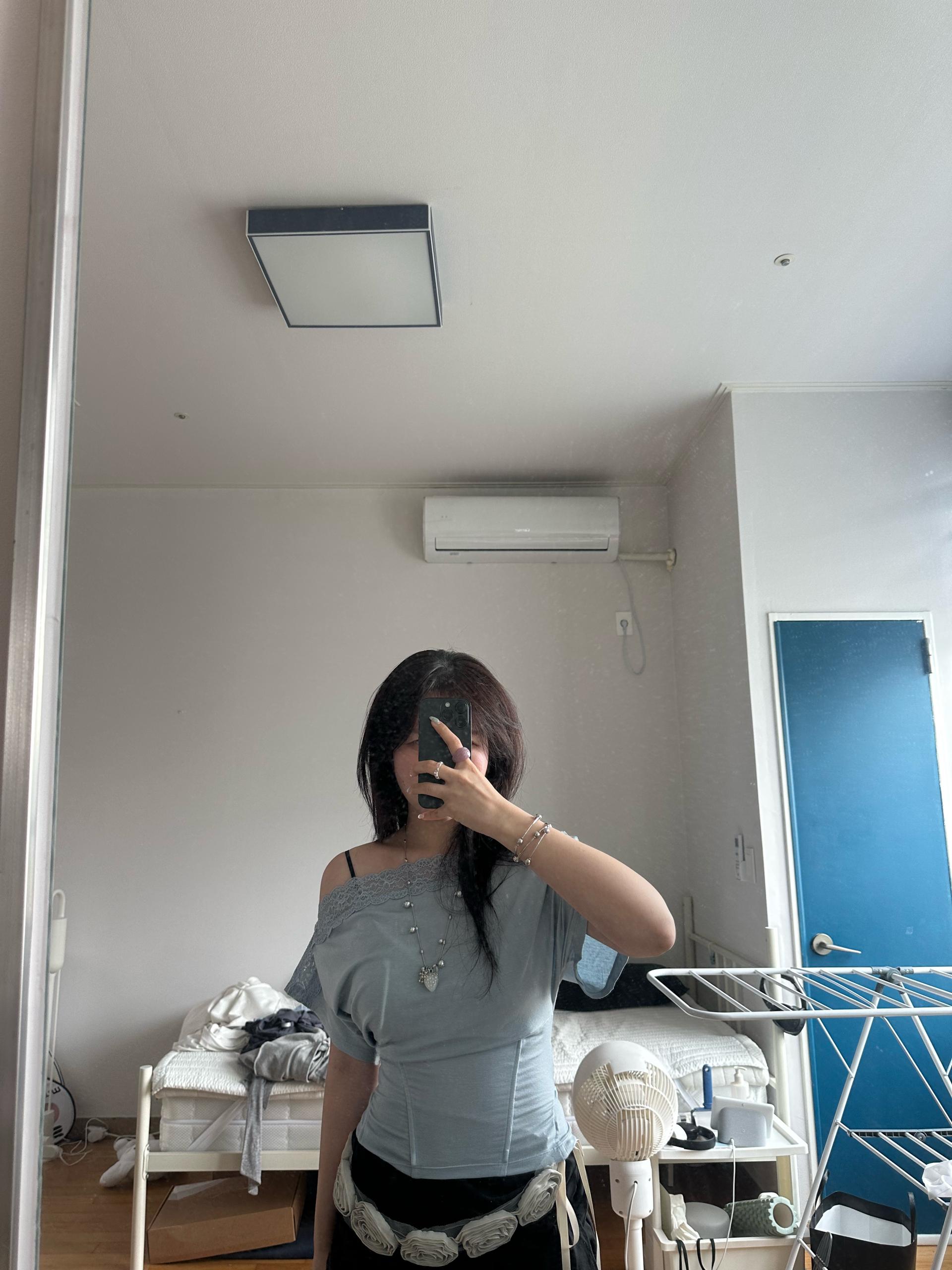 카시코 레이스 원숄더 코르셋 티셔츠 스카이블루 4