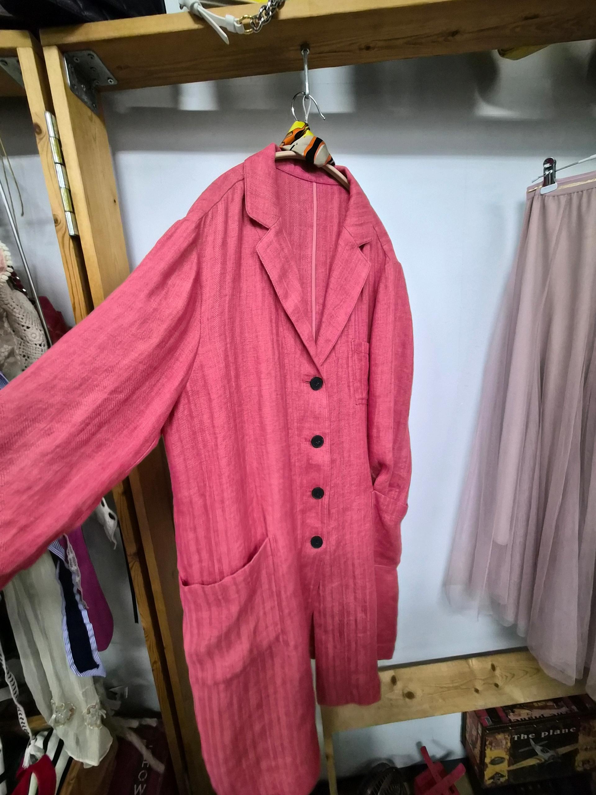 BCBG 린넨 100% 헤링본 롱 싱글 코트 5