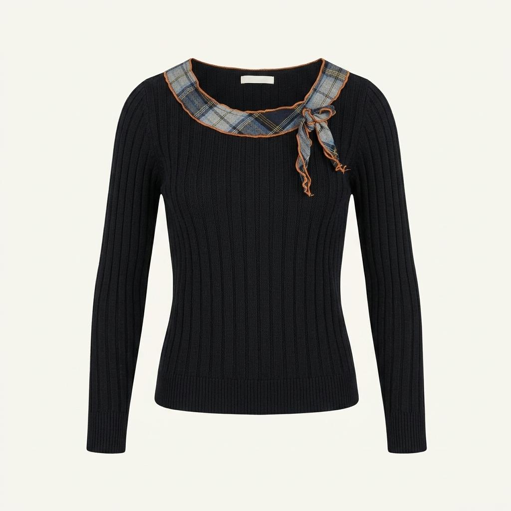 라운드넥 체크 리본 슬림핏 니트 티셔츠 1