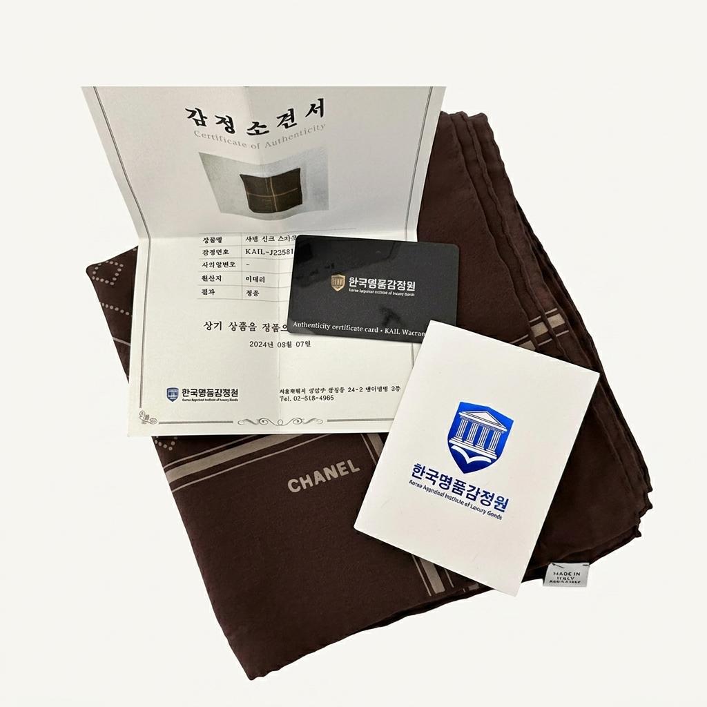 샤넬 빈티지 로고 실크 스카프 브라운 1