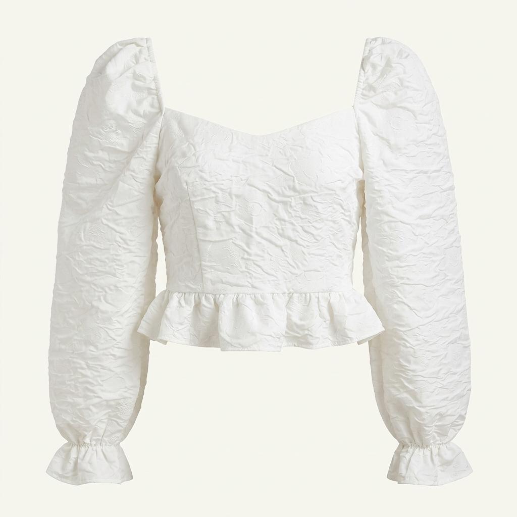 스퀘어넥 벌룬 소매 자카드 블라우스 화이트 1