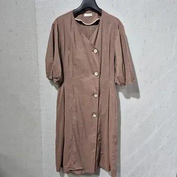 SJSJ 브라운 린넨 반팔 단추 원피스 2