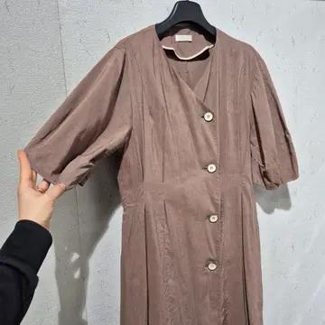 SJSJ 브라운 린넨 반팔 단추 원피스 4