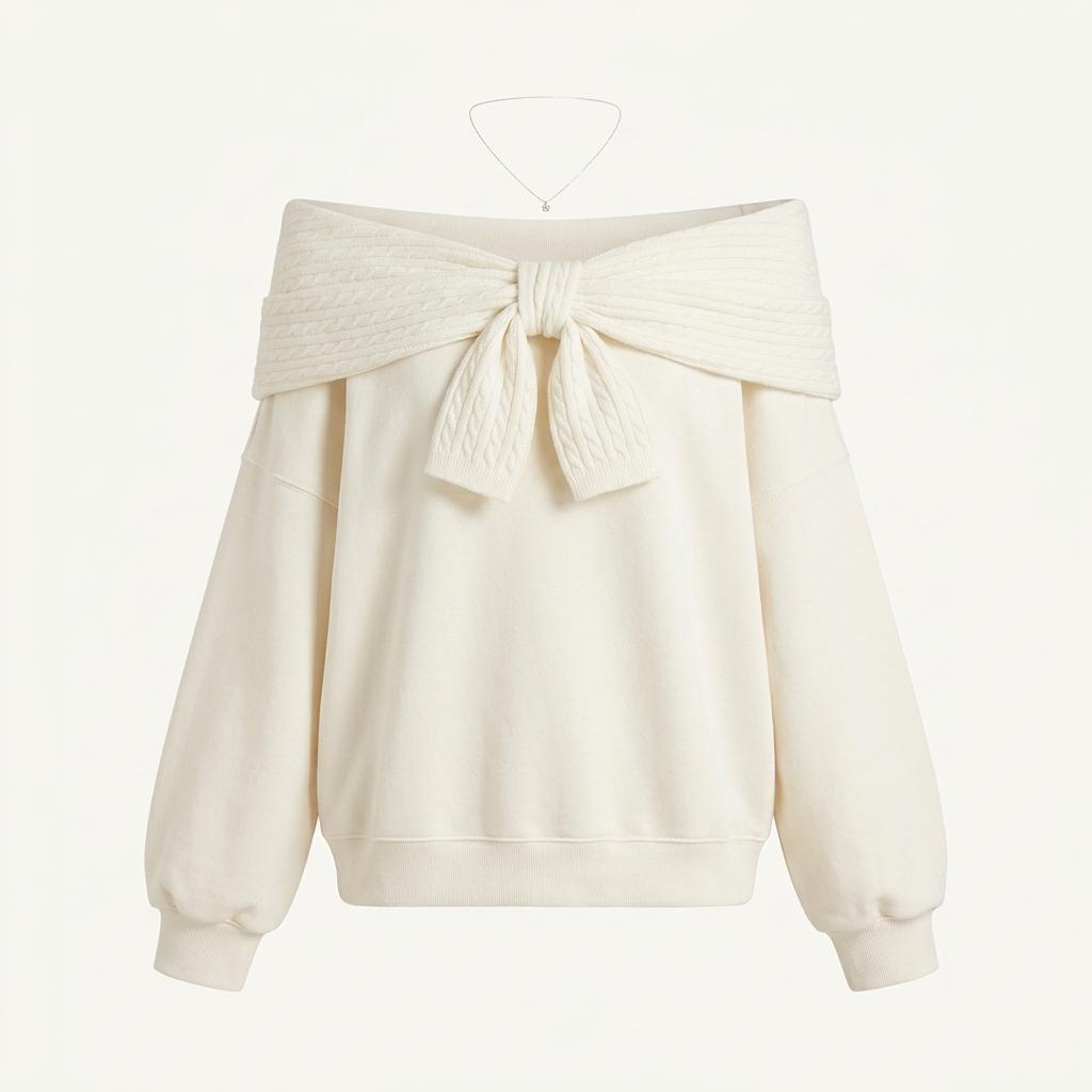 TWO-WAY RIBBON OFF SHOULDER HOODIE 크림