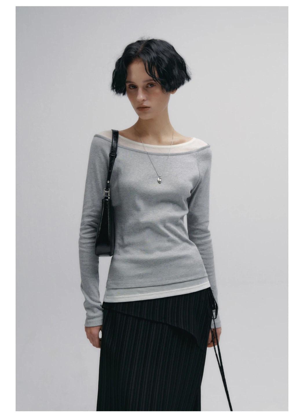 [니브] Boat Neck Layered Slim T-shirt (Gray) 2