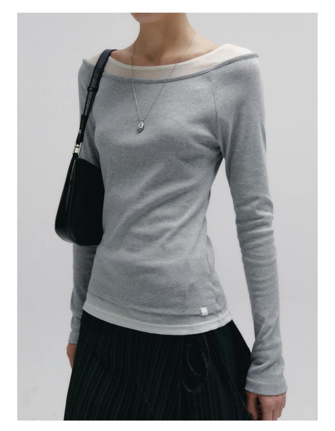 [니브] Boat Neck Layered Slim T-shirt (Gray) 3