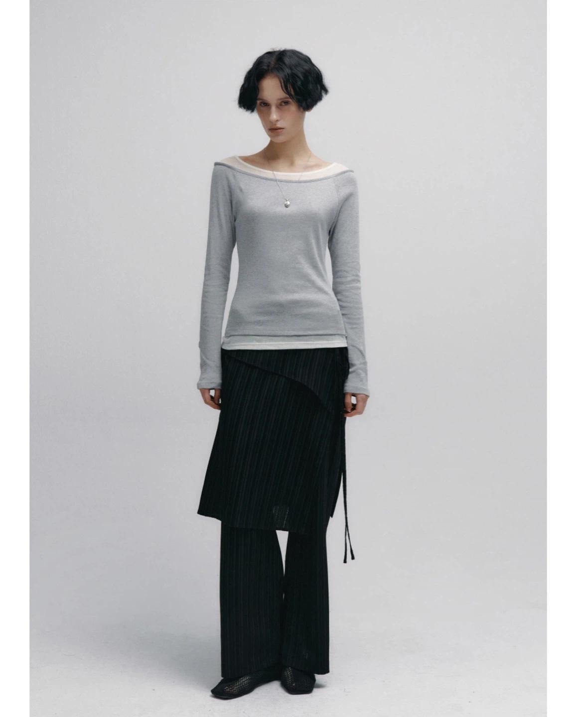 [니브] Boat Neck Layered Slim T-shirt (Gray) 5