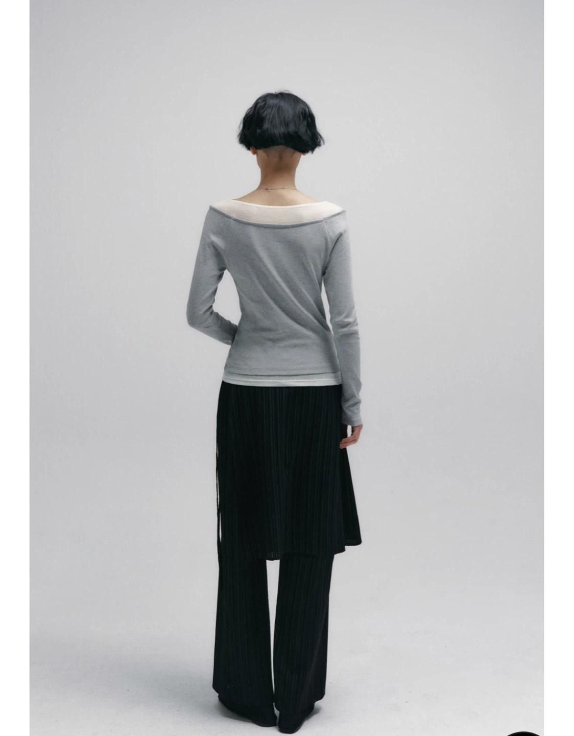 [니브] Boat Neck Layered Slim T-shirt (Gray) 6