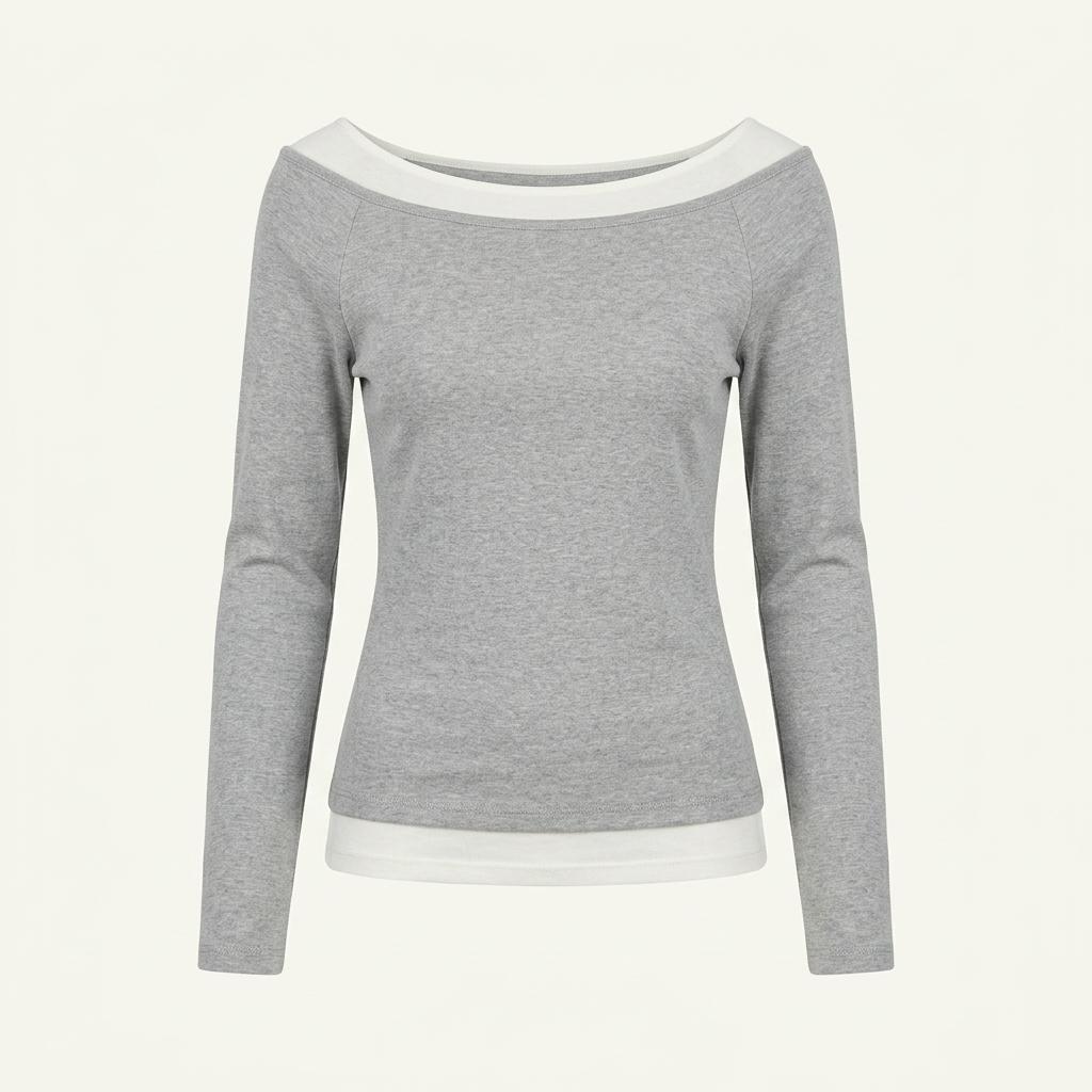 [니브] Boat Neck Layered Slim T-shirt (Gray) 1