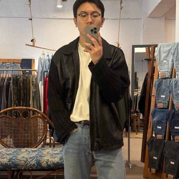 90s BASCO Leather Ribbed Knit Jacket 2