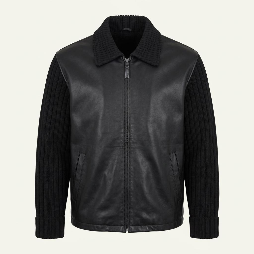 90s BASCO Leather Ribbed Knit Jacket 1