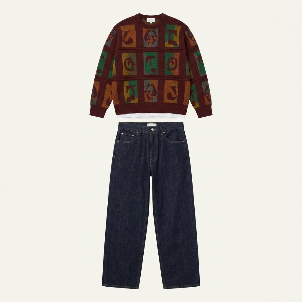 [M] Japanese vintage 90s 울 자카드 크루넥 니트 스웨 1