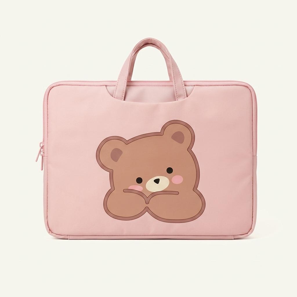 곰돌이 캐릭터 핑크 노트북 파우치 백