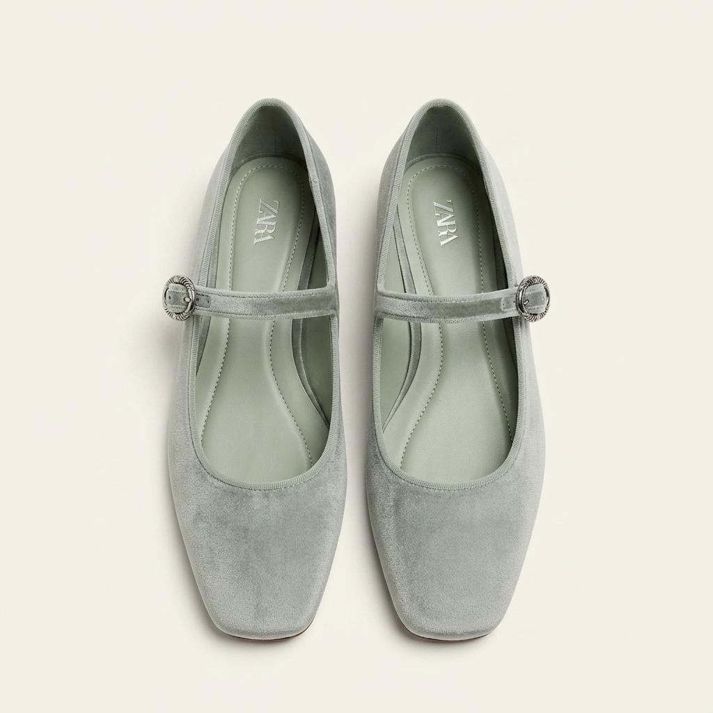 ZARA 자라 벨벳 메리제인 플랫슈즈 그레이