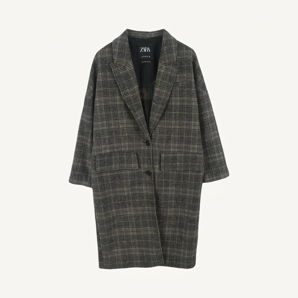 자라 (WOMEN - XS) 울 블렌드 체크 패턴 롱 코트 1