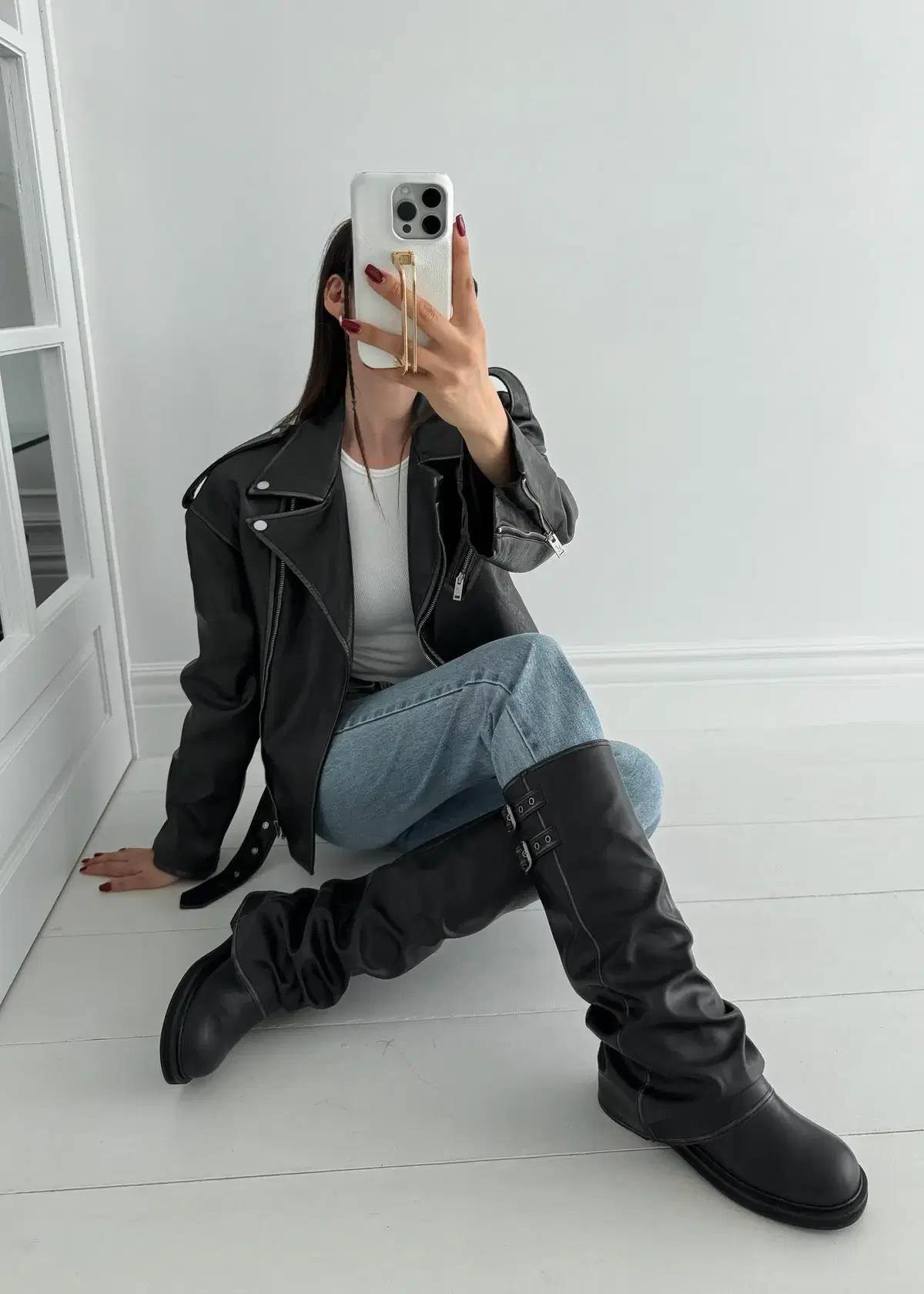 #1087 바이커 폴딩부츠 4cm 빈티지원단 버클 롱부츠 240 블랙 9