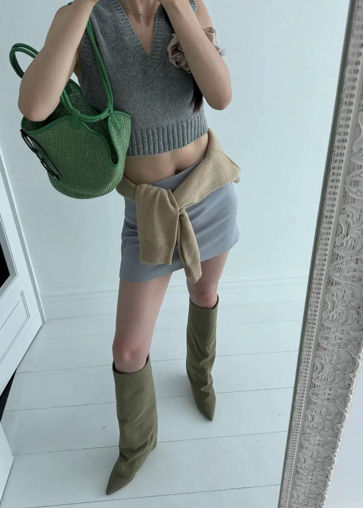 #367 뾰족코 8cm 누벅텍스쳐 폴드오버 롱부츠 245 카키 4