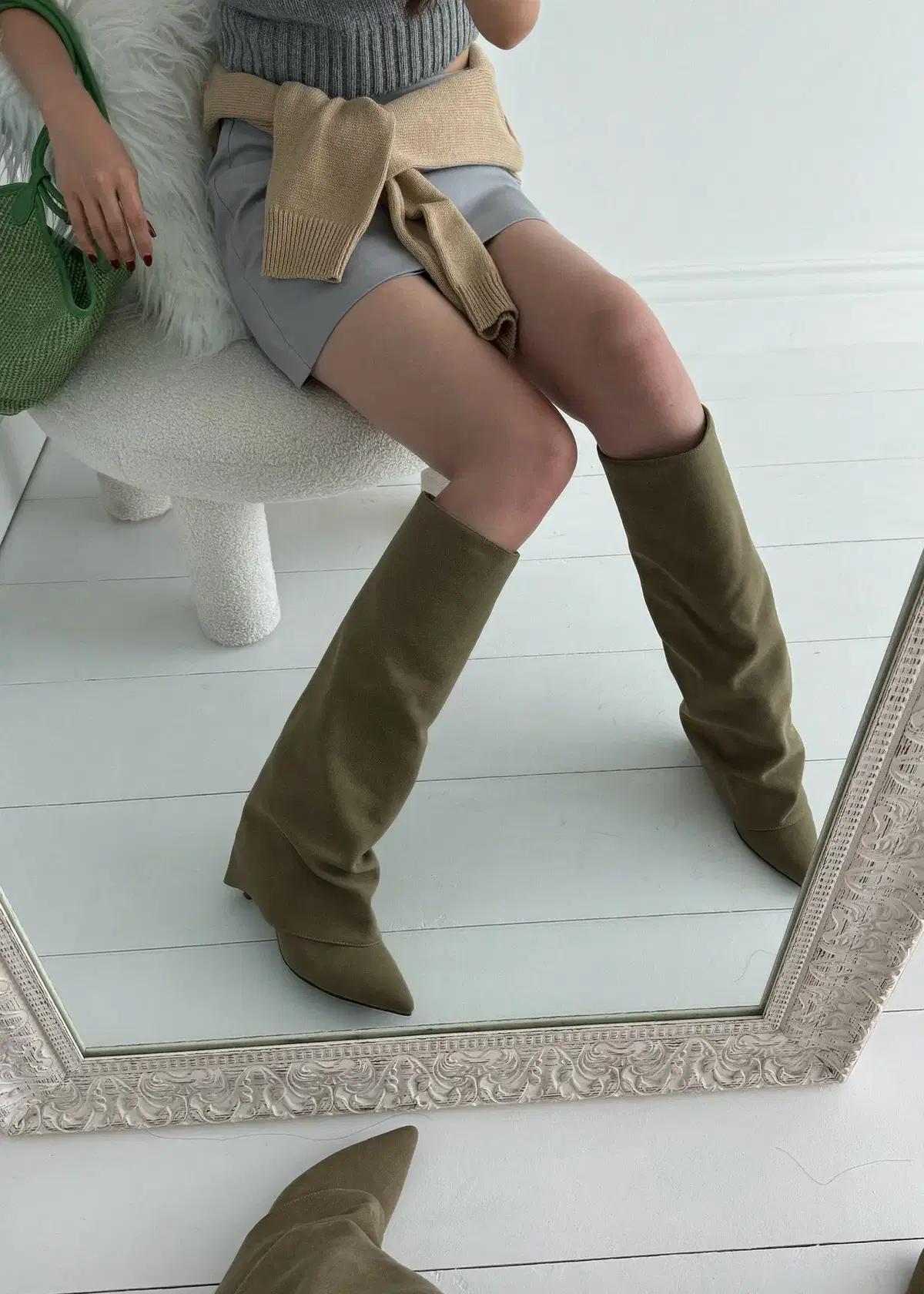 #367 뾰족코 8cm 누벅텍스쳐 폴드오버 롱부츠 245 카키 8