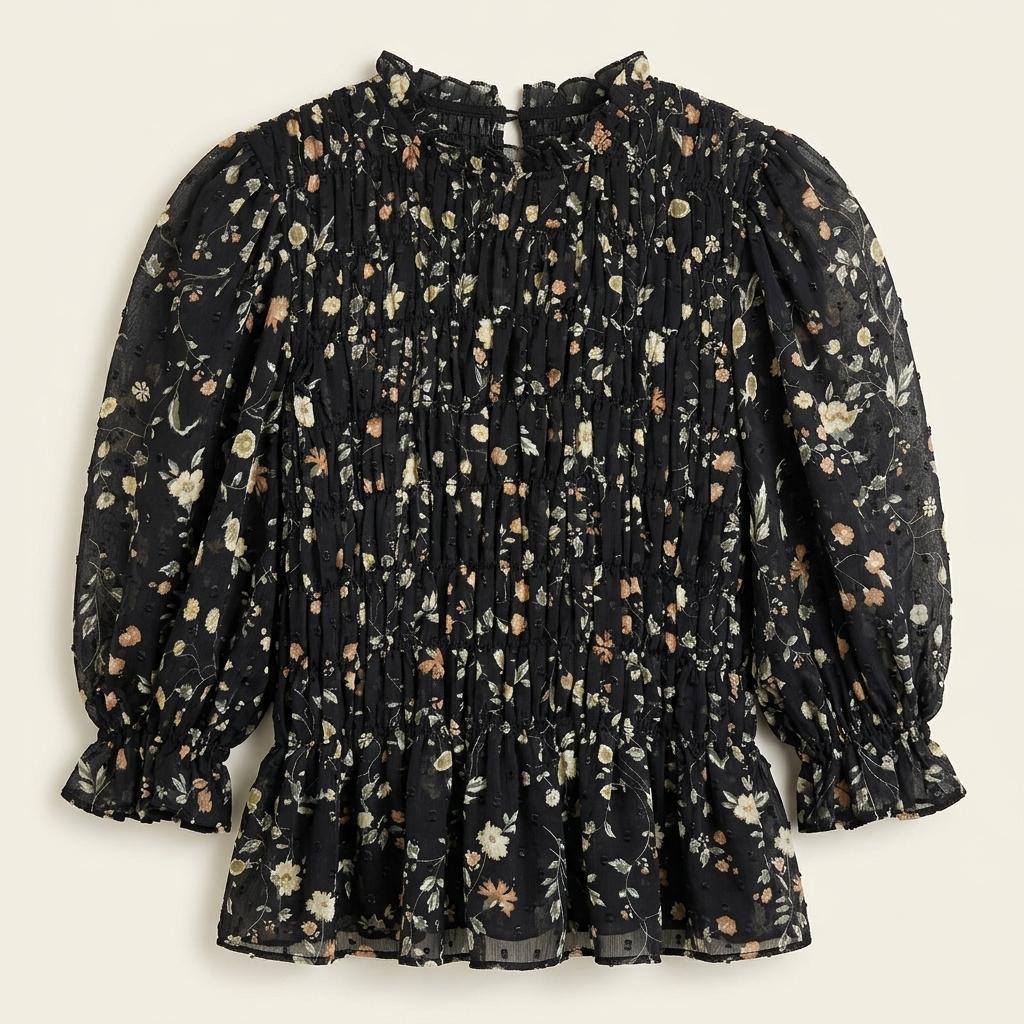 H&M 에이치엔엠 플라워 시폰 스모크 블라우스 블랙 M 1