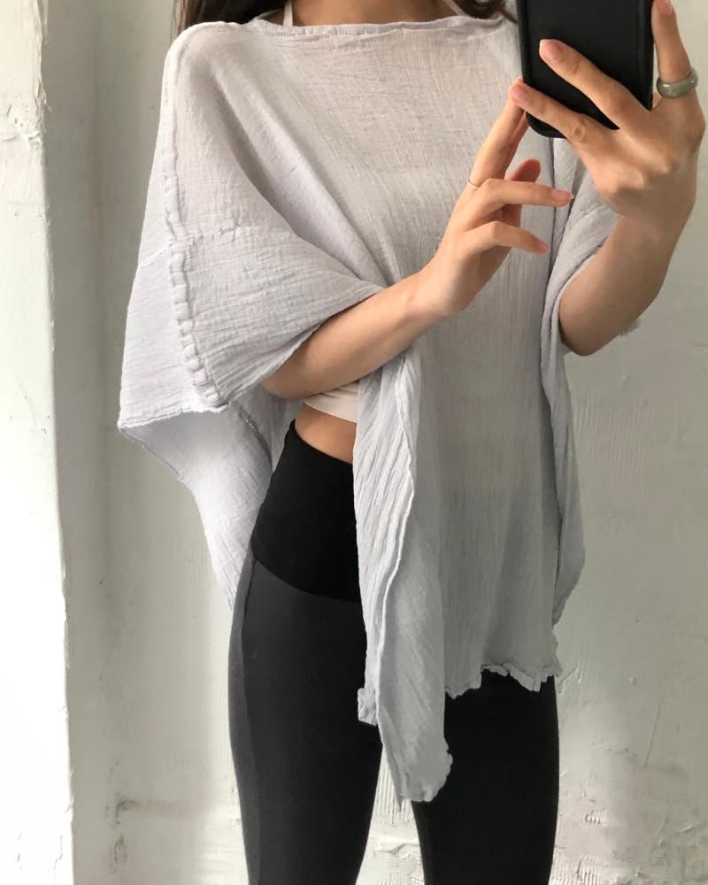 Issey Miyake me 이세이미야케 연하늘 보트넥 플리츠 옆단추 티셔츠 6