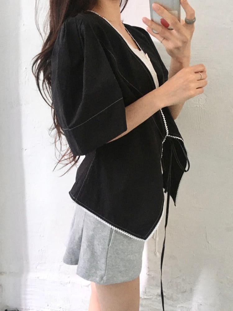 GANNI 가니 스티치 레이스 파플린 랩 블라우스 5