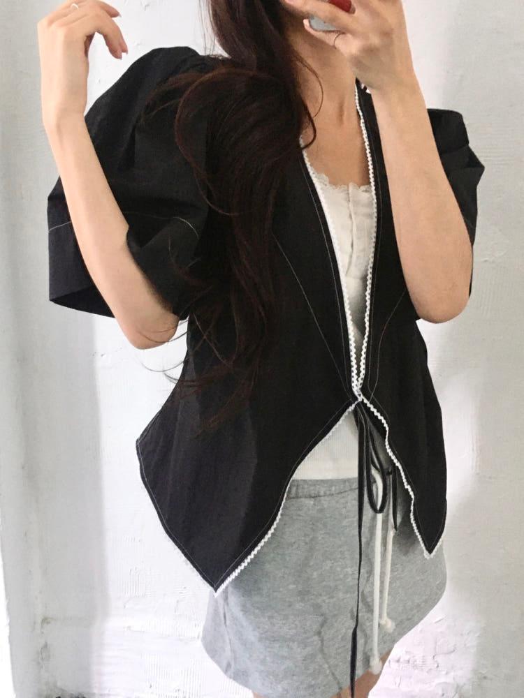 GANNI 가니 스티치 레이스 파플린 랩 블라우스 4