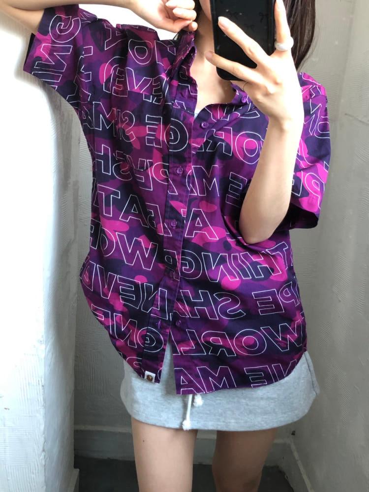 Bape 베이프 텍스트 카모 퍼플 피케 반팔 셔츠 5