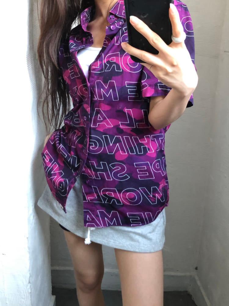 Bape 베이프 텍스트 카모 퍼플 피케 반팔 셔츠 4