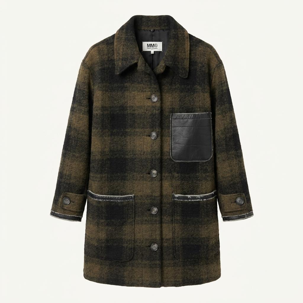 Maison Margiela 메종마르지엘라 카키 체크 레더 포켓 싱글 미디 코트 1