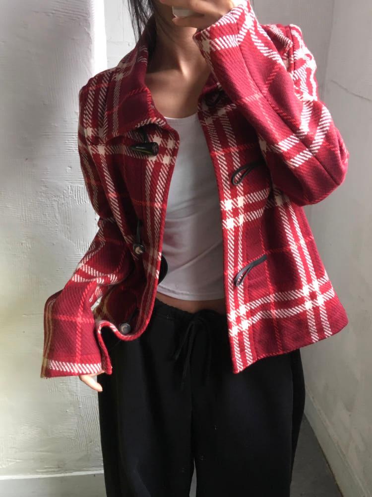 Burberry 버버리 레드 체크 울 더플 코트 3