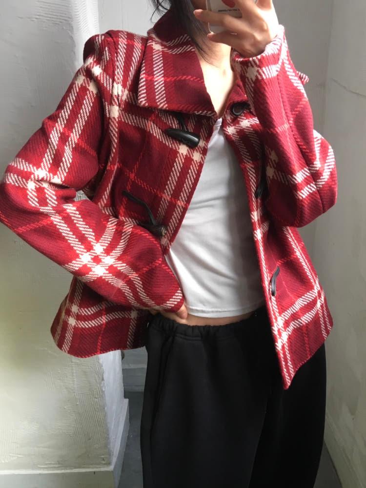 Burberry 버버리 레드 체크 울 더플 코트 4