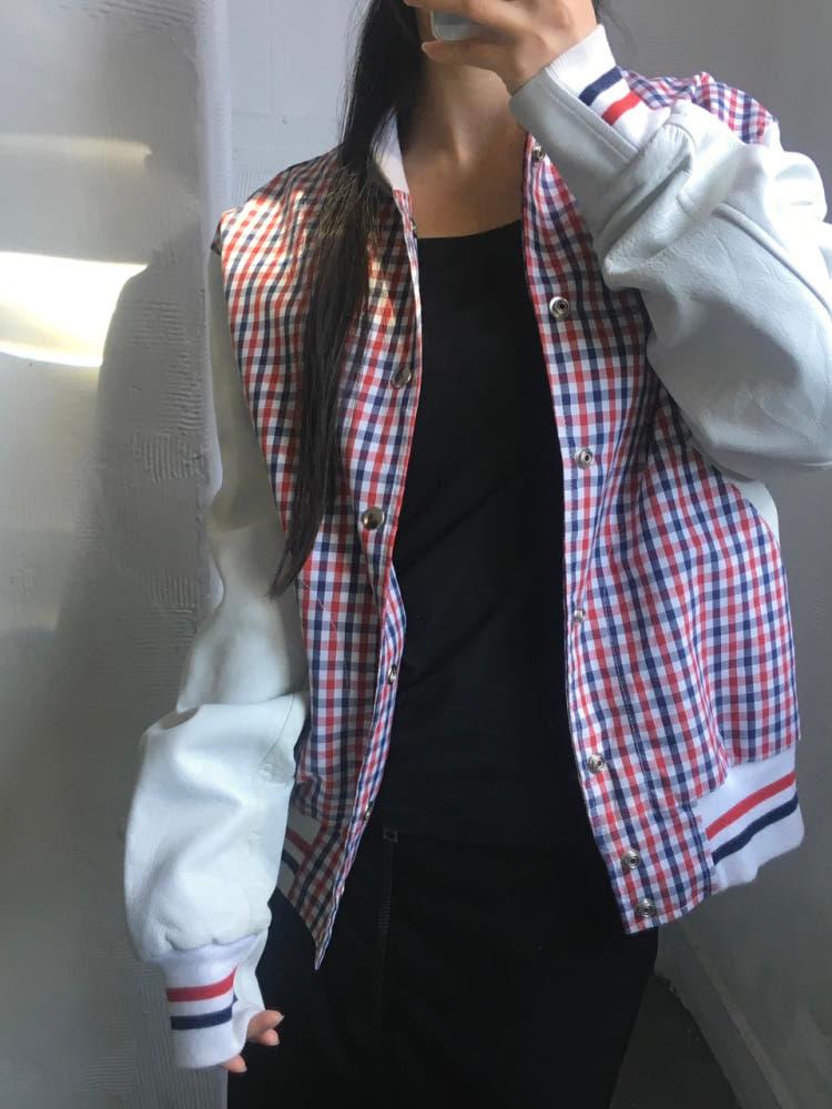 THOM BROWNE 톰브라운 체크 레더 스타디움 자켓 4
