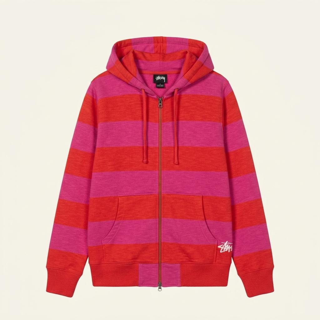 (중고)STUSSY 스투시 핑크 오렌지 스트라이프 후드 집업 1