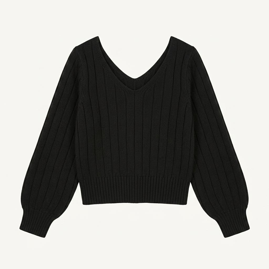 V넥 골지 벌룬 소매 니트 티셔츠 블랙 1