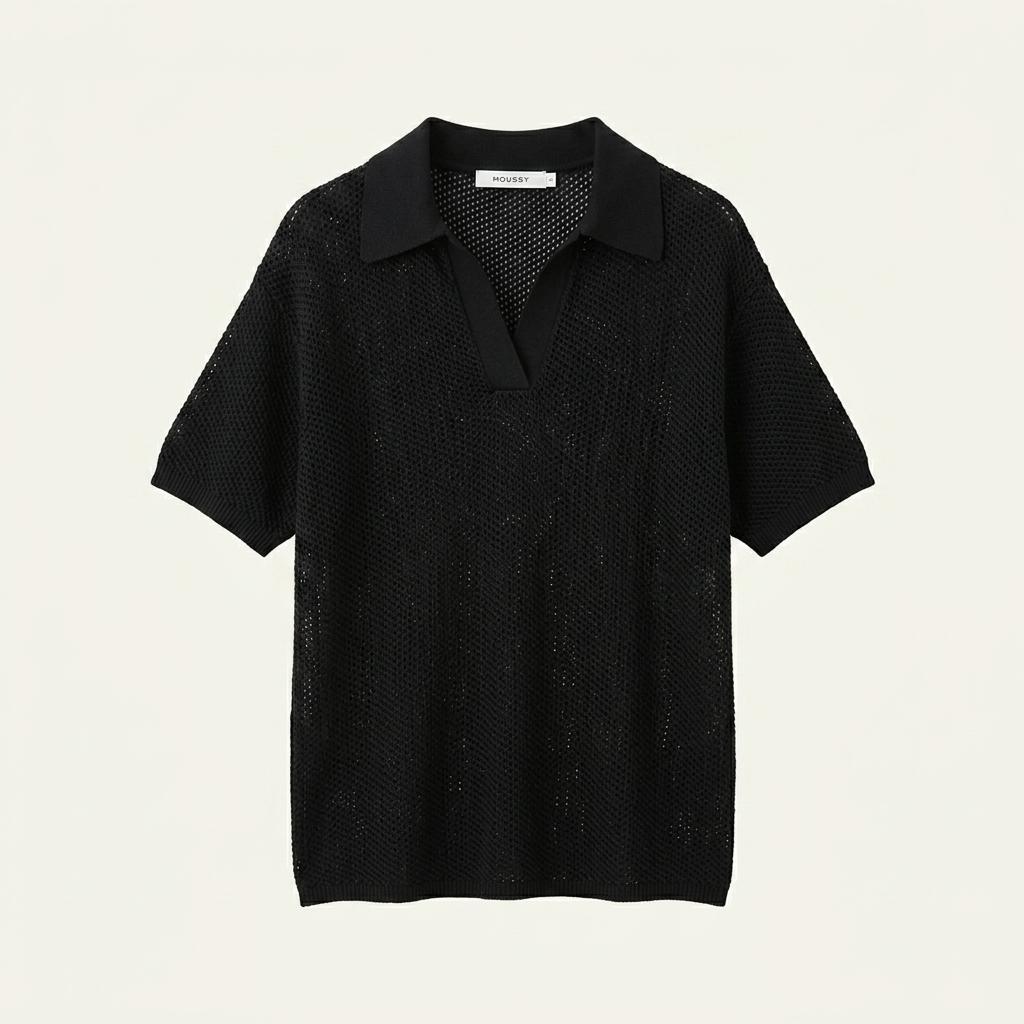 MOUSSY 오픈칼라 메쉬 반팔 니트 블랙 1