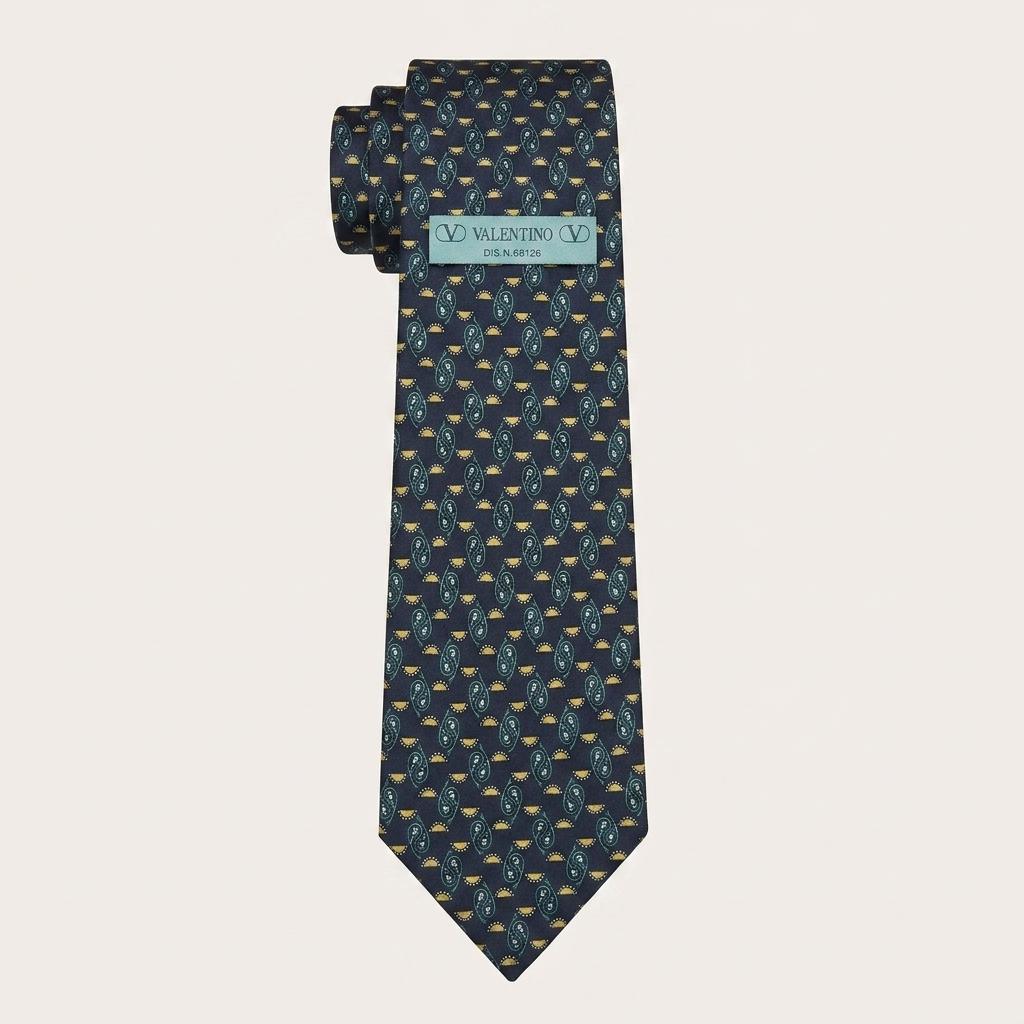 발렌티노 네이비 페이즐리 패턴 넥타이 9.6cm S~A+등급 K2897 1